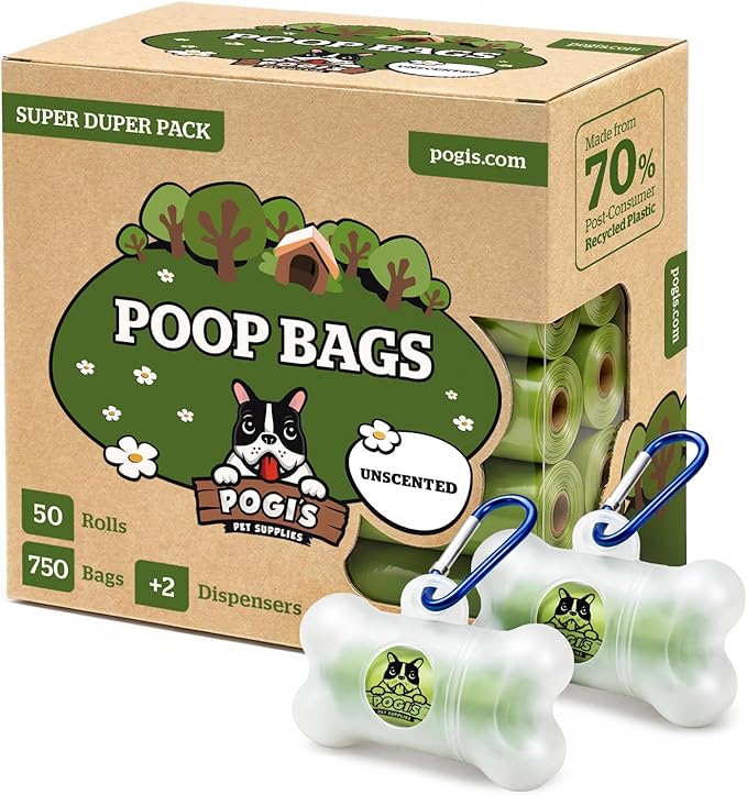 Pogi’s Dog Poop Bags – Leak-Proof & Extra Thick Pet Waste Bags with 2 Holders (Unscented, 50 Rolls, 750-Count)