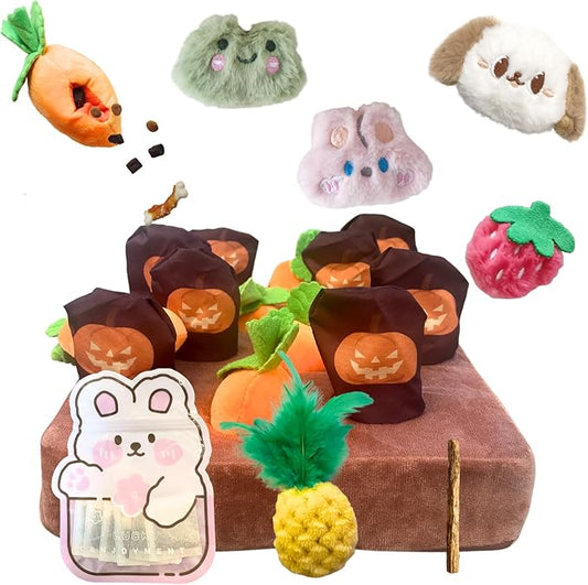 Carrot Patch Cat Toy Halloween Edition, Mat Pocket with Pumpkin Design, 12 Squeaky Carrot with Pockets and 4 Cute Catnip Toys for Indoor Cats Kicking and Biting