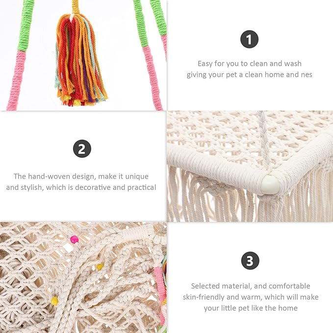 TEHAUX Hanging Cat Bed Macrame Cat Hammock Bohemian Style with Fringe Kitten Swing Bed