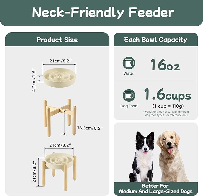 Ceramic 1.6 Cup Raised Slow Feeder Dog Bowl Set, Elevated Wooden Stand for Medium and Large Dog, 8.2inch Puzzle Slow Dish, Anti-Gulping(Light Yellow, Single Bowl+ Stand)