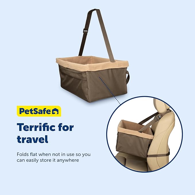 PetSafe Happy Ride Booster Seat for Dogs - Open Road Comfort - Safe Tether System - Zipper Pouch Dog Seat - Machine Washable Fleece Liner - Easy Install Design - Brown - Up to 25 lb