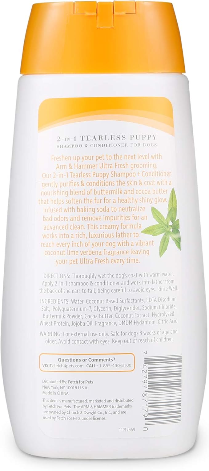 Arm & Hammer Ultra Fresh Tearless Puppy Shampoo and Conditioner 2 in 1 with Baking Soda Deodorizer, Gentle Pet Wash for Odor Control, Puppy Bath, Coconut & Lime Verbena Scent, 16 Fl Oz