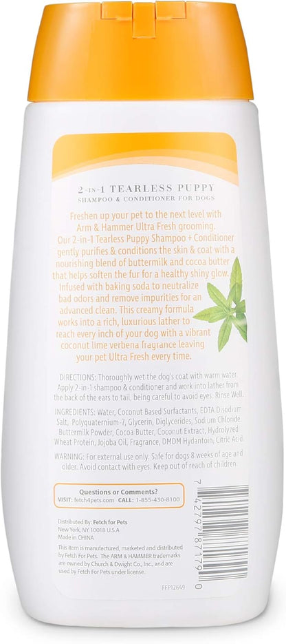 Arm & Hammer Ultra Fresh Tearless Puppy Shampoo and Conditioner 2 in 1 with Baking Soda Deodorizer, Gentle Pet Wash for Odor Control, Puppy Bath, Coconut & Lime Verbena Scent, 16 Fl Oz