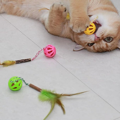 3-in-1 Cat Toy Balls with Feather, Silvervine Stick and Inside Bell, Colorful Lattice Interactive Bell Balls for Indoor Cats and Kittens, Cat Teeth Cleaning Toys, 6 Pcs