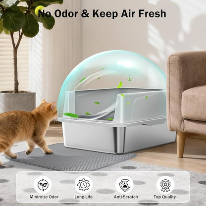 Stainless Steel Cat Litter Box with Lid, High-Sided Metal Litter Pan for Small Cats, Kitty Litter Box, Non-Stick & Odor-Resistant, Anti-Urine Leakage, Easy to Clean, Scoop Included