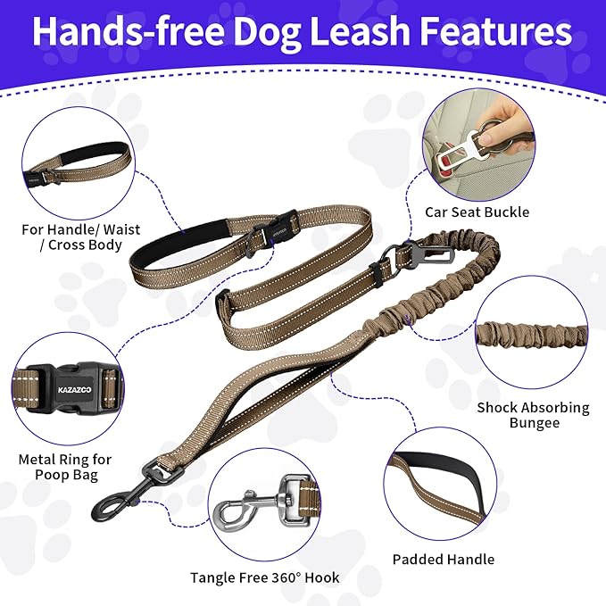 Kazazoo Hands-Free Dog Leash with 5.5-8.5FT Adjustable Length - Heavy Duty No Pull Bungee Design, Reflective Safety for Walking, Jogging & Training | Suitable for Medium to Large Dogs,M Size Brown