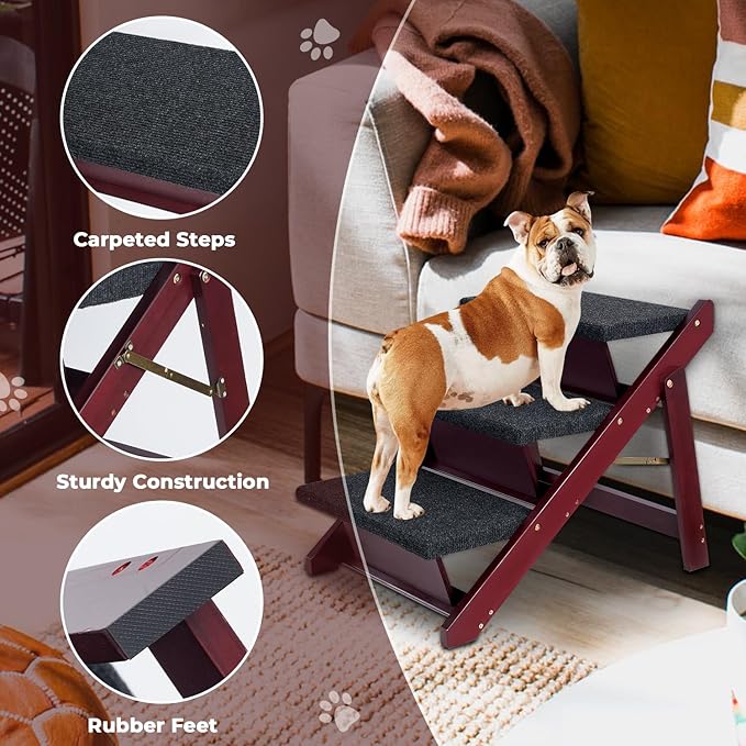 BRIKY Wooden Dog Stairs/Steps 19.5”H - Foldable 3 Steps Dog Steps for High Bed Couch Cars, Non-Slip Pet Stairs for Small Large Medium Dogs and Cats, No Assembly Required