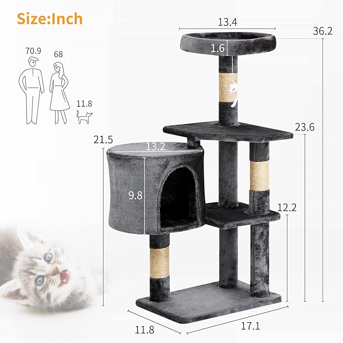 BestPet | 36" Cat Tree Tower | Light Gray | Sturdy Multi-Level Cat Tree with Plush Condo, Cozy Perch, Sisal Scratching Posts, Hanging Toy and Stable Frame | Easy Assembly | for Kittens & Adult Cats