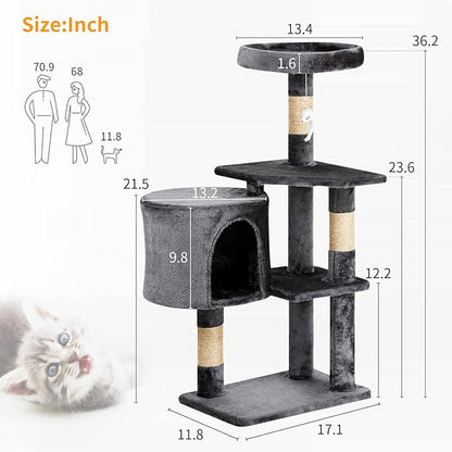 BestPet | 36" Cat Tree Tower | Light Gray | Sturdy Multi-Level Cat Tree with Plush Condo, Cozy Perch, Sisal Scratching Posts, Hanging Toy and Stable Frame | Easy Assembly | for Kittens & Adult Cats