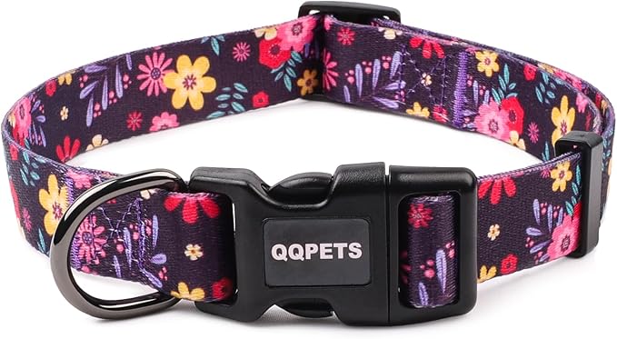 QQPETS Adjustable Soft Dog Collar: Print Flower Pink Multicolor Cute Patterns for XS Small Medium Large Pet Girl Boy Puppy Walking Running Training (L, Elegant Purple)