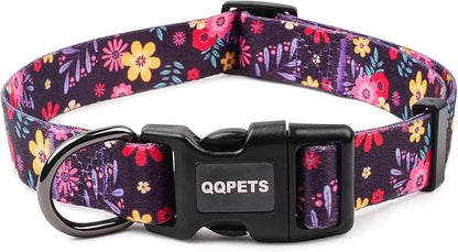 QQPETS Adjustable Soft Dog Collar: Print Flower Pink Multicolor Cute Patterns for XS Small Medium Large Pet Girl Boy Puppy Walking Running Training (XS, Elegant Purple)