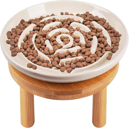 Elevated Slow Feeder Cat Bowls, Ceramic Cat Slow Feeder Bowl with Bamboo Stand, 5.9 Inch Wide Shallow Cats Bowl Whisker Friendly, Anti Vomiting Puzzle Feeder for Dry or Wet Food Dishwasher Safe