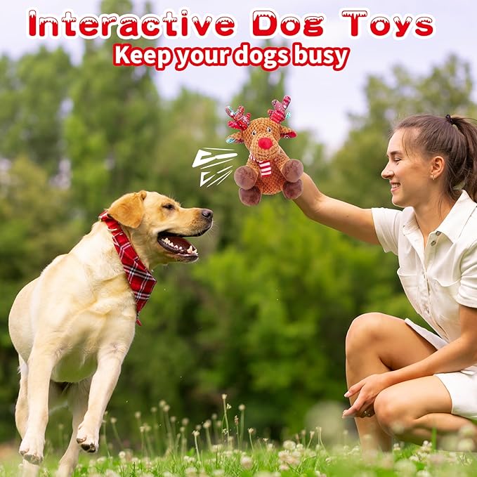 Christmas Dog Toys, Squeaky Dog Toys with Crinkle Paper, Interactive Plush Puppy Chew Toys, Cute Reindeer Dog Funny Toys, Dog Gifts for Small, Medium, Large Breed