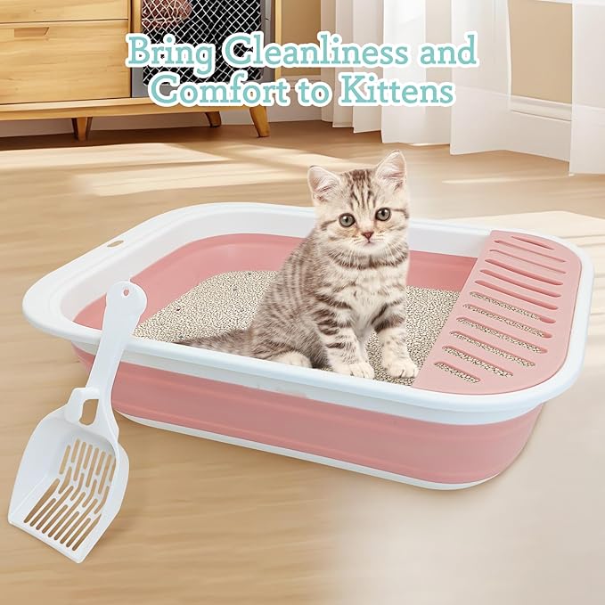 Fhiny Kitten Litter Box Portable Shallow Litter Box 17.7"x13.4"x4.9" Foldable Cat Toilet with Scoop Open Kitty Potty Pan with Litter Drop Pedal Easy to Clean Travel Kitten Toilet(Pink)