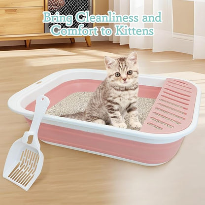 Fhiny Kitten Litter Box Portable Shallow Litter Box 17.7"x13.4"x4.9" Foldable Cat Toilet with Scoop Open Kitty Potty Pan with Litter Drop Pedal Easy to Clean Travel Kitten Toilet(Pink)