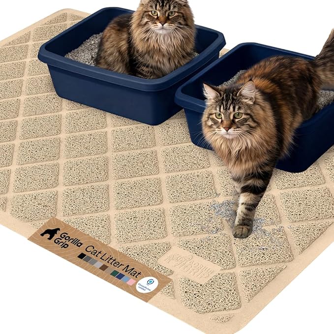 GORILLA GRIP Cat Litter Box Mat, 47x35, Cushioned Coil Mesh Litter Trapping Mats, Scatter Control Supplies for Less Mess, Phthalate Free, Ultra Deep Catch Grooves, Rinse or Vacuum to Clean, Beige