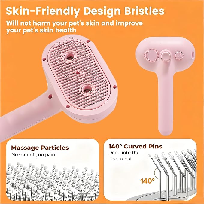 Pet Steam Brush for Cat & Dog, 2-Hole Double Spray, 3-in-1 Cat Steam Brush,Pet Spray Comb with Shedding Massaging Grooming Self-Cleaning Release Button for Long & Short Haired Pets(Pink)