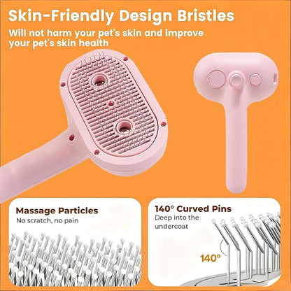 Pet Steam Brush for Cat & Dog, 2-Hole Double Spray, 3-in-1 Cat Steam Brush,Pet Spray Comb with Shedding Massaging Grooming Self-Cleaning Release Button for Long & Short Haired Pets(Pink)
