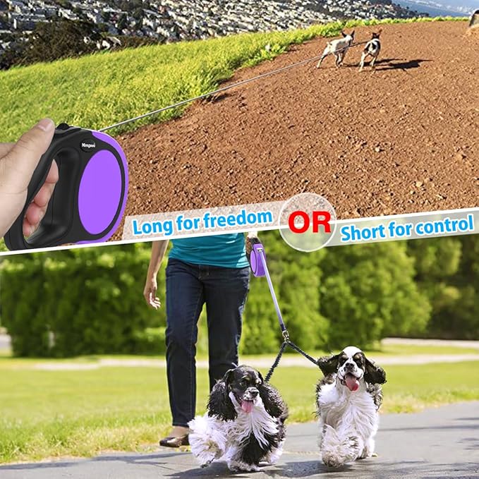 Double Retractable Dog Leash for Two Dogs Up to 50 lbs - 16 ft Coupler Leashes for Small Medium Dogs - One Locked System, Non Slip Grip, Tangle Free (Purple)