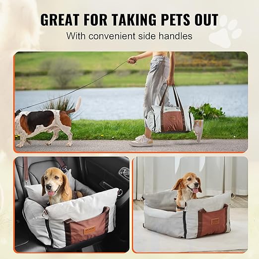 VEVOR Dog Car Seat, Waterproof Dog Booster Seat for Car with Side Handles and a Storage Pocket, Clip-On Safety Leash and PP Cotton Filling, Vehicle Bed for Small Dogs up to 25lbs, Gray