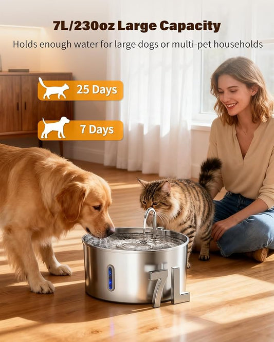 Dog Water Fountain for Large Dogs, 7L/236oz Stainless Steel Dog Water Bowl Dispenser, Automatic Pet Fountain with Ultra Quiet Pump, Large Drinking Area