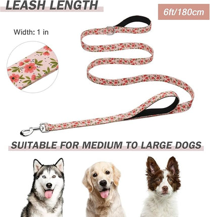 Hikiko Double Handle Dog Leash 6 Foot Cute Girl Padded Traffic Handles for Walking Training (Cream Natural Floral, 6ft)