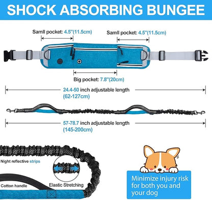 Hands Free Dog Leash with Zipper Pouch, Waist Leash for Dog Walking and Running, Dual Padded Handles, Shock-Absorbing Bungee for Medium to Large Dogs (Blue)