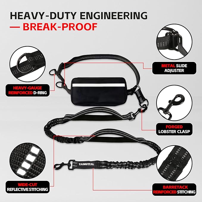 Hands Free Dog Leash with Waist Belt & Large Pouch, Waist Leash for Dog Walking, Running, Hiking & Jogging, Reflective Dual Padded Handles, Ideal for Medium/Large Dogs (30-120lbs)