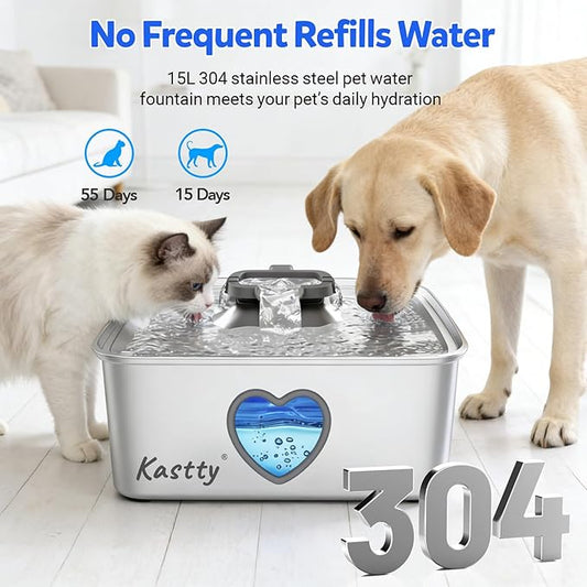 Kastty 15L/4Gal Dog Water Fountain, Stainless Steel Pet Water Bowl Dispenser with Visual Window, Automatic Dual-Color LED, 5-Stage Filtration, Ultra Quiet, for Large Medium Dogs & Multi-pet, FS80