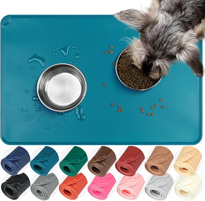 VIVAGLORY Dog Food Mat Flexmat Dog Bowl Mat, Placemat Food Tray with Raised Edges & Lip for Indoor Floor, Non Slip Waterproof Silicone Dish Placemat for Cat & Pet, L, Deep Blue