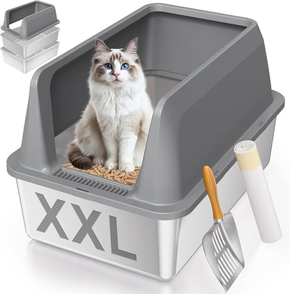 Stainless Steel Sifting Litter Box with Lid, High Sides XXL Extra Large Sifting Cat Litter Box for Pine Pellets & Big Cats, Sifter Litter Pan System for Odor Control,Sifting Box Liners & Scoop