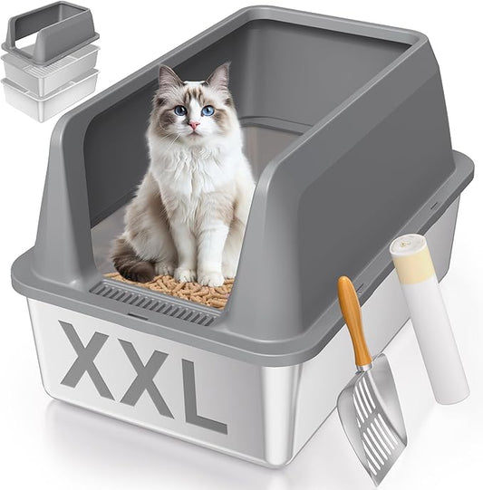 Stainless Steel Sifting Litter Box with Lid, High Sides XXL Extra Large Sifting Cat Litter Box for Pine Pellets & Big Cats, Sifter Litter Pan System for Odor Control,Sifting Box Liners & Scoop