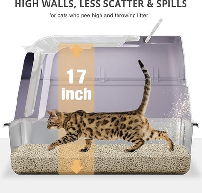 Stainless Steel Cat Litter Box Fully Enclosed Extra Large Metal High Sided Cat Box with 120° Fully Transparent See-Through Flip Lid, Scoop & Mat - Pink -XL