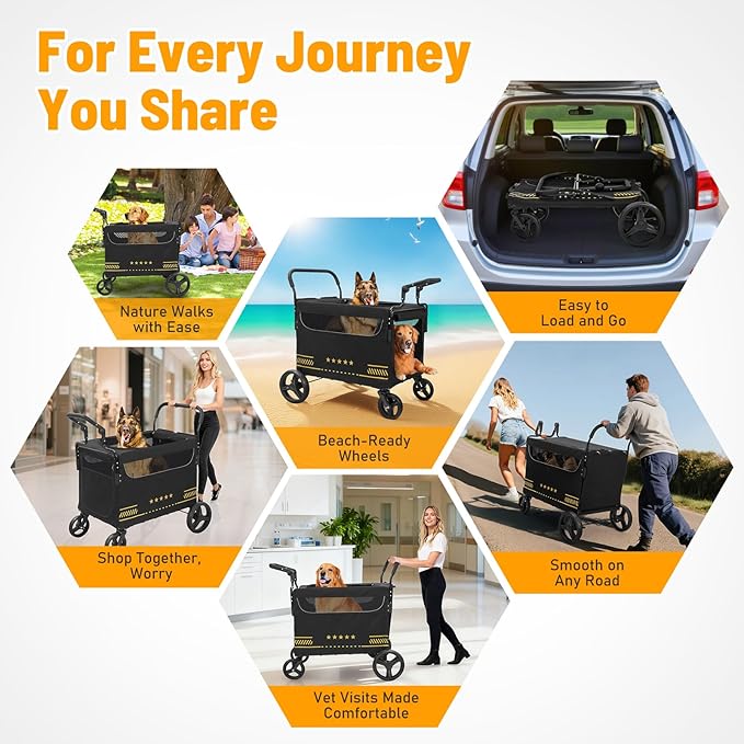 Extra Large Pet Stroller with Ramp, Dog Stroller for Large & Medium Dogs up to 180lbs, Foldable Dog Wagon with Dual Handle & Brake, Portable Puppy Travel Strollers for Cats & Dogs