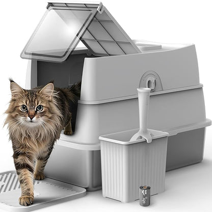 Stainless Steel Litter Box with Lid, XL Extra Large Metal Cat Litter Boxes for Big Cats Enclosed, Easy to Scoop with Scoop Set, High Sides Enclosure Anti-Urine Leakage Non-Sticky