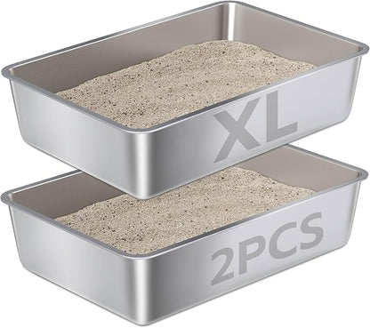 Stainless Steel Litter Box XL 2Pcs,XLarge Metal Cat Litter Box,Cat LitterBox Easy to Clean,Stainless Steel LitterBox for Large/Medium Cats,No Stick No Smell