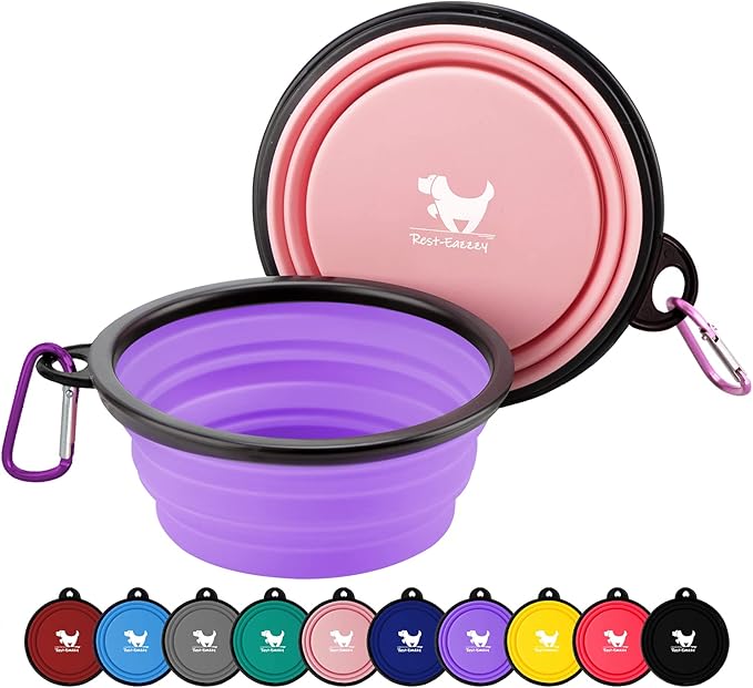 Collapsible Dog Bowls for Travel, 2-Pack Dog Portable Water Bowl for Dogs Cats Pet Foldable Feeding Watering Dish for Traveling Camping with Carabiners, BPA Free (Purple&Pink, Medium (Pack of 2))