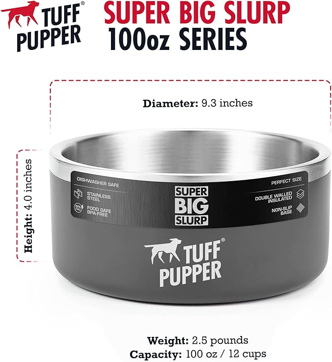 Tuff Pupper 100 oz Heavy Duty Insulated Stainless Steel Dog Bowl for Large Dogs, Non-Slip Base, Dishwasher Safe
