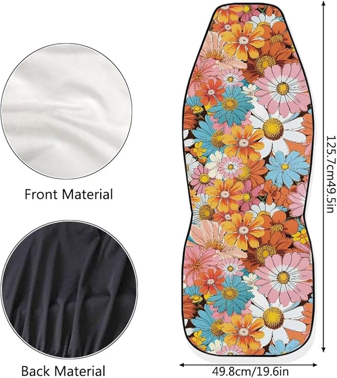 Groovy Hippie Flower Daisy Car Seat Covers Full Set of 2, Cloth Seat for Auto Front Seats, Black Seat Covers Cars Washable Breathable Car Accessories for Sedan Truck SUV