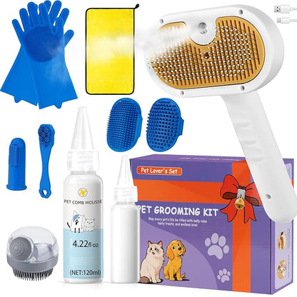 Pet Steam Brush for Dog & Cat – 3-in-1 Spray Hair Removal Comb for Shedding & Grooming, Softens Fur & Reduces Static – Water Brush for Long & Short Coats, Bath-Hating Pets, Includes Waterless Shampoo