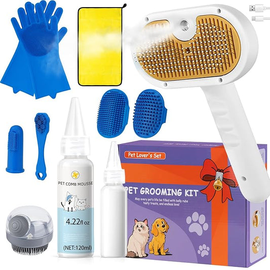 Pet Steam Brush for Dog & Cat – 3-in-1 Spray Hair Removal Comb for Shedding & Grooming, Softens Fur & Reduces Static – Water Brush for Long & Short Coats, Bath-Hating Pets, Includes Waterless Shampoo