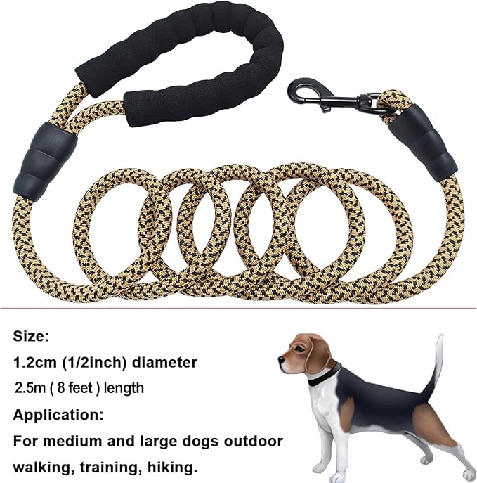 MayPaw Heavy Duty Rope Dog Leash, 3/4/5/6/7/8/10/12/15/20 FT Nylon Pet Leash, Soft Padded Handle Thick Lead Leashes for Large Medium Dogs (Brown, 1/2" * 8')