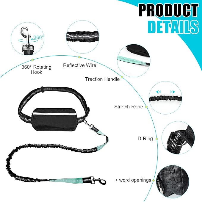 Hands Free Dog Leash with Zipper Pouch, Reflective Retractable Bungee with Double Padded Handles, Adjustable Dog Waist Leash for Running Walking Hiking Jogging Biking(Large, 25-120 lbs)
