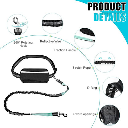 Hands Free Dog Leash with Zipper Pouch, Reflective Retractable Bungee with Double Padded Handles, Adjustable Dog Waist Leash for Running Walking Hiking Jogging Biking(Large, 25-120 lbs)