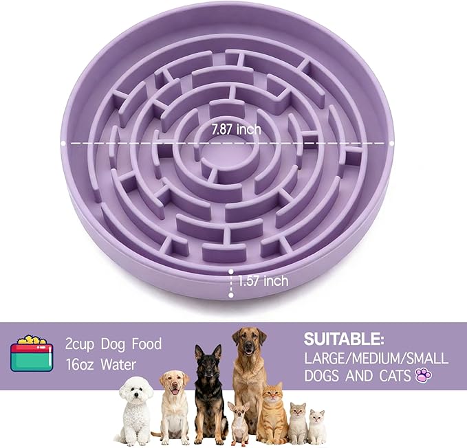 Silicone Slow Feeder Bowl, with Non-Slip Suction Cups, Anti-Choking, Puppy Puzzle Bowl, Slows Down Eating Speed, Relieves Anxiety, Suitable for S&M Sized Dogs and Cats(Purple)