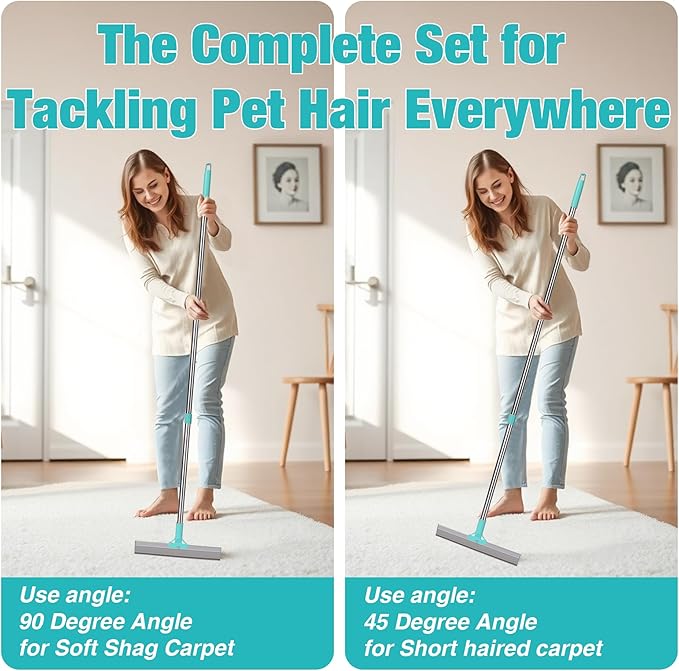 Silicone Carpet Rake for Pet Hair Removal Tool,Magic Brush Dog Hair Removal Glove,Cat Carpet Broom Rake&Pet Hair Remover Tool 3PCS/Set for Rugs, Mats, Couch, Furniture,54inch Scraper Rake