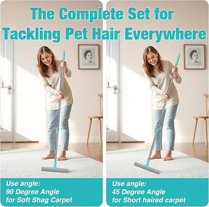 Silicone Carpet Rake for Pet Hair Removal Tool,Magic Brush Dog Hair Removal Glove,Cat Carpet Broom Rake&Pet Hair Remover Tool 3PCS/Set for Rugs, Mats, Couch, Furniture,54inch Scraper Rake