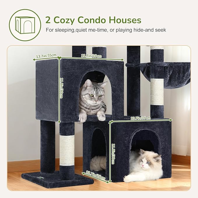 Globlazer Cat Tree Condo Tower for Multiple Indoor Cats, 52in Multi-Level Cat Scratching Tree with 2 Cat Condos, 5 Sisal Scratching Posts, 2 Padded Perches, Big Basket, Widened Base, S52, Dark Grey