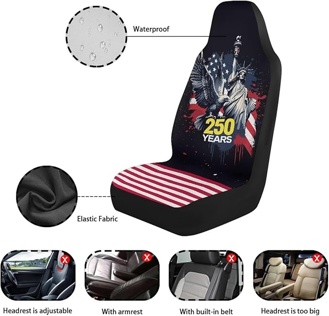 250th Anniversary Car Front Seat Covers Eagle 2 Packs Automotive Front Seat Covers Waterproof Bucket Seat Cover Protective Car Interior Accessory