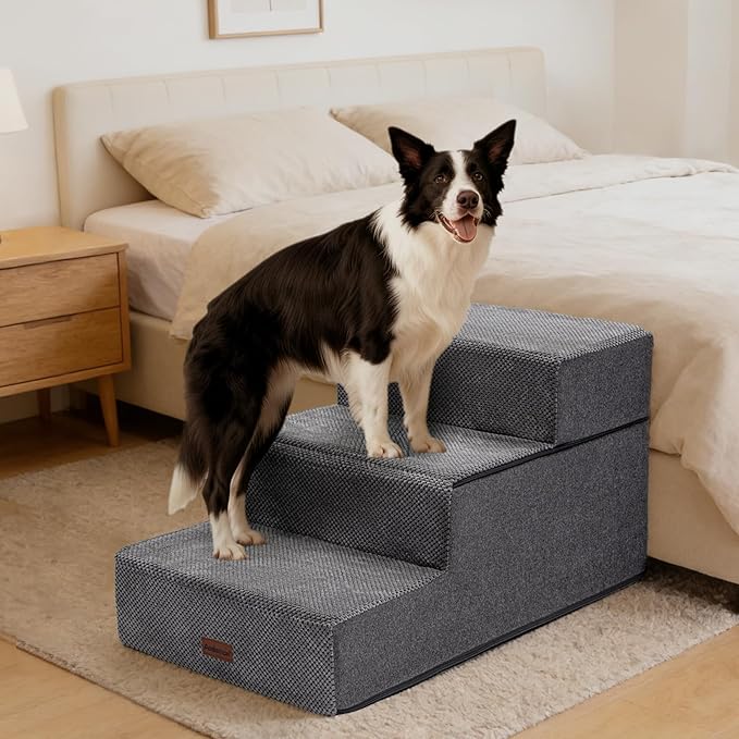 Dog Stairs for Large Dogs 18" H, Extra Wide Dog Steps for High Beds & Couches, 20" Wide Deep Steps, Non-Slip Dogs Ramp, 3-Step Pet Stairs, Grey